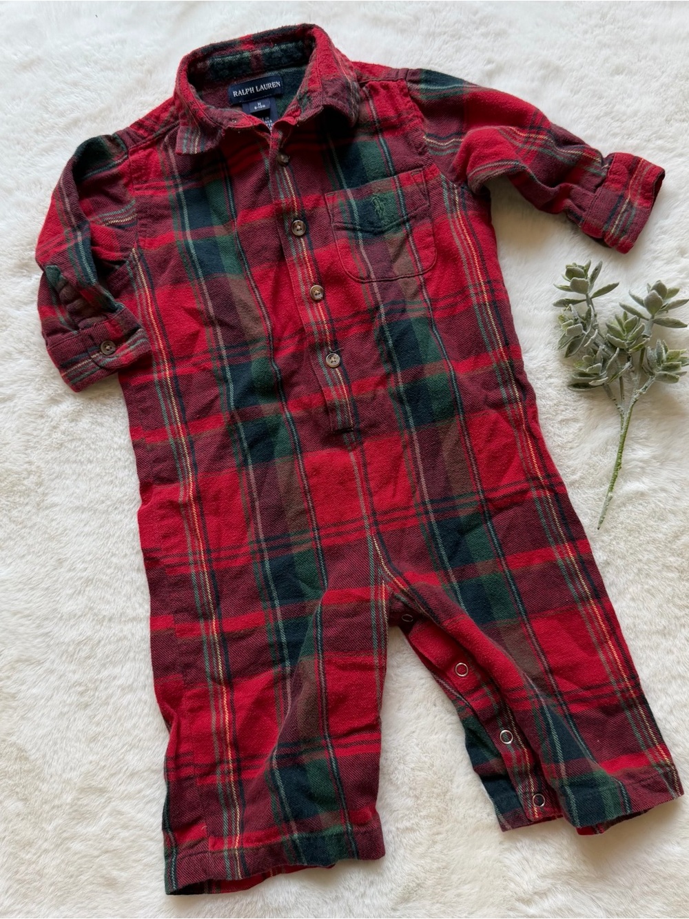 Ralph Lauren | EUC - Plaid Flannel Oxford Coverall - Size 6/12 Months